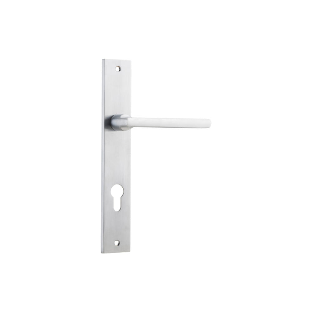 Pair of Iver Baltimore lever door handles on rectangular backplates, featuring sleek, modern design in a polished finish.