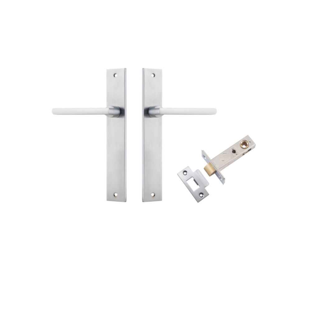 Pair of Iver Baltimore lever door handles on rectangular backplates, featuring a sleek, modern design in a polished finish.