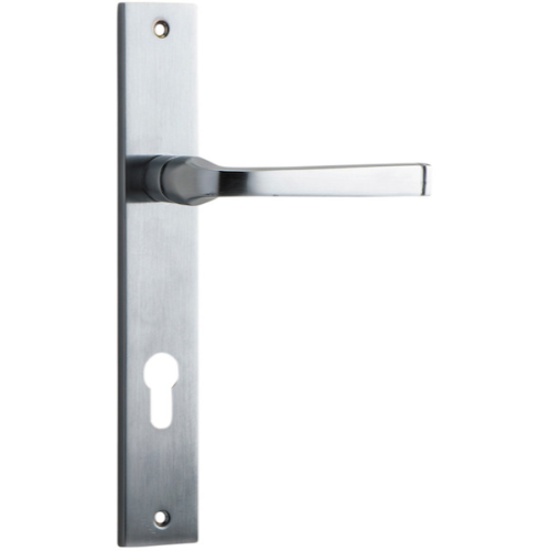Pair of Iver Annecy lever door handles on rectangular backplates, featuring a modern, sleek design in a polished finish.