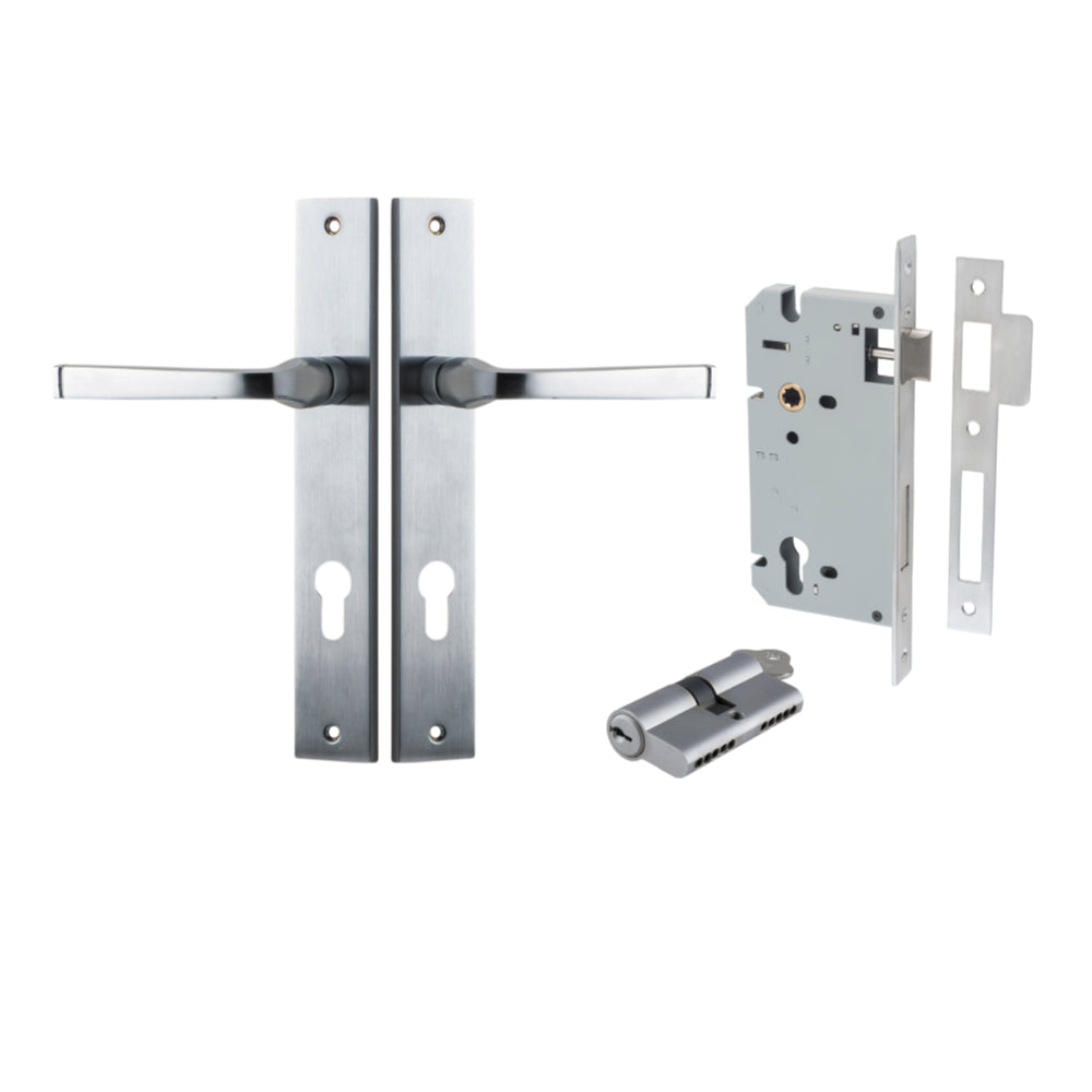 Door Lever Annecy Rectangular Euro Brushed Chrome CTC85mm H240xW38xP65mm Entrance Kit, Mortice Lock Euro Brushed Chrome CTC85mm Backset 60mm, Euro Cylinder Dual Function 5 Pin Brushed Chrome L65mm KA1 in Brushed Chrome