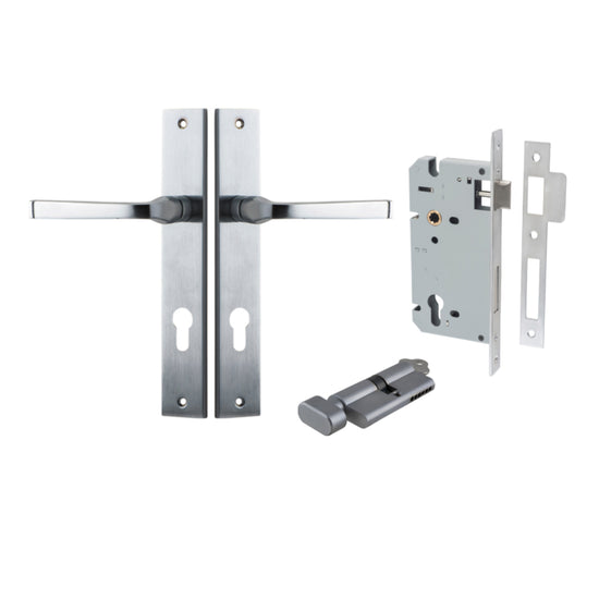 Door Lever Annecy Rectangular Euro Brushed Chrome CTC85mm H240xW38xP65mm Entrance Kit, Mortice Lock Euro Brushed Chrome CTC85mm Backset 60mm, Euro Cylinder Key Thumb 6 Pin Brushed Chrome L70mm KA1 in Brushed Chrome
