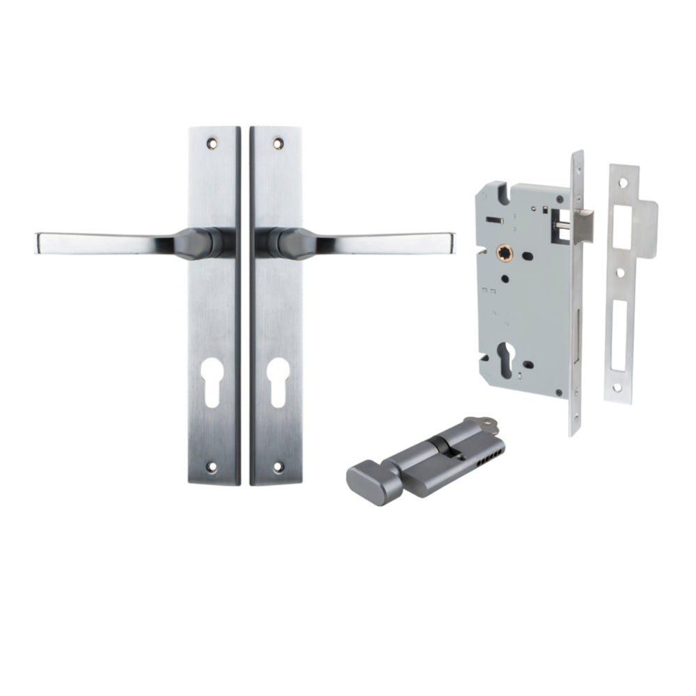 Pair of Iver Annecy lever door handles on rectangular backplates, featuring sleek, modern design in a brushed finish.