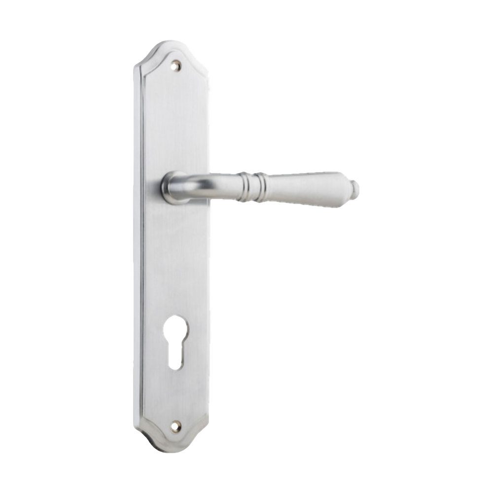 Door Lever Sarlat Shouldered Euro Brushed Chrome CTC85mm H250xW48xP57mm in Brushed Chrome