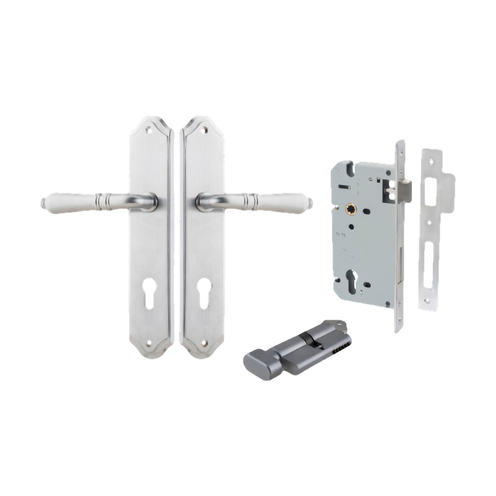 Door Lever Sarlat Shouldered Euro Brushed Chrome CTC85mm H250xW48xP57mm Entrance Kit Mortice Lock Euro Brushed Chrome CTC85mm Backset 60mm, Euro Cylinder Key Thumb 6 Pin Brushed Chrome L70mm KA1 in Brushed Chrome