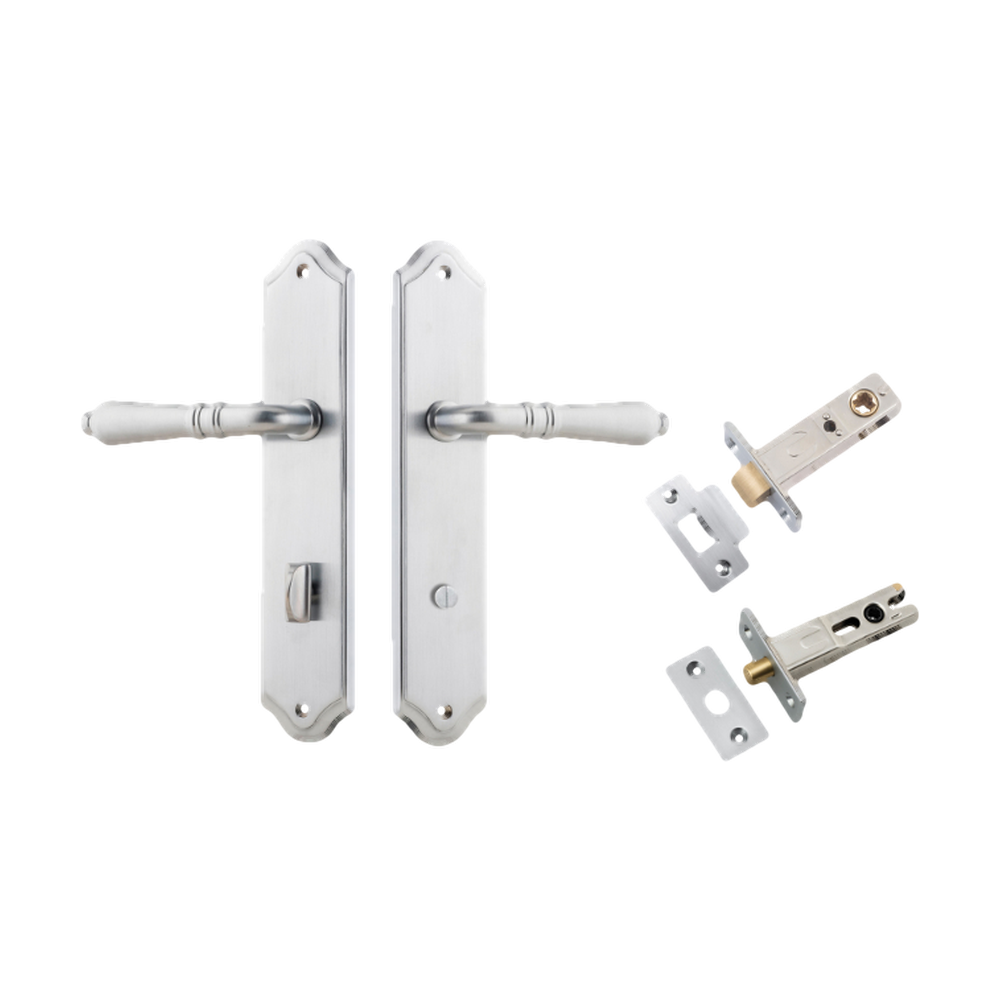Door Lever Sarlat Shouldered Privacy Brushed Chrome CTC85mm H250xW48xP57mm Privacy Kit Tube Latch Split Cam 'T' Striker Brushed Chrome Backset 60mm, Privacy Bolt Round Bolt Brushed Chrome Backset 60mm in Brushed Chrome