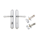 Door Lever Sarlat Shouldered Privacy Brushed Chrome CTC85mm H250xW48xP57mm Privacy Kit Tube Latch Split Cam 'T' Striker Brushed Chrome Backset 60mm, Privacy Bolt Round Bolt Brushed Chrome Backset 60mm in Brushed Chrome