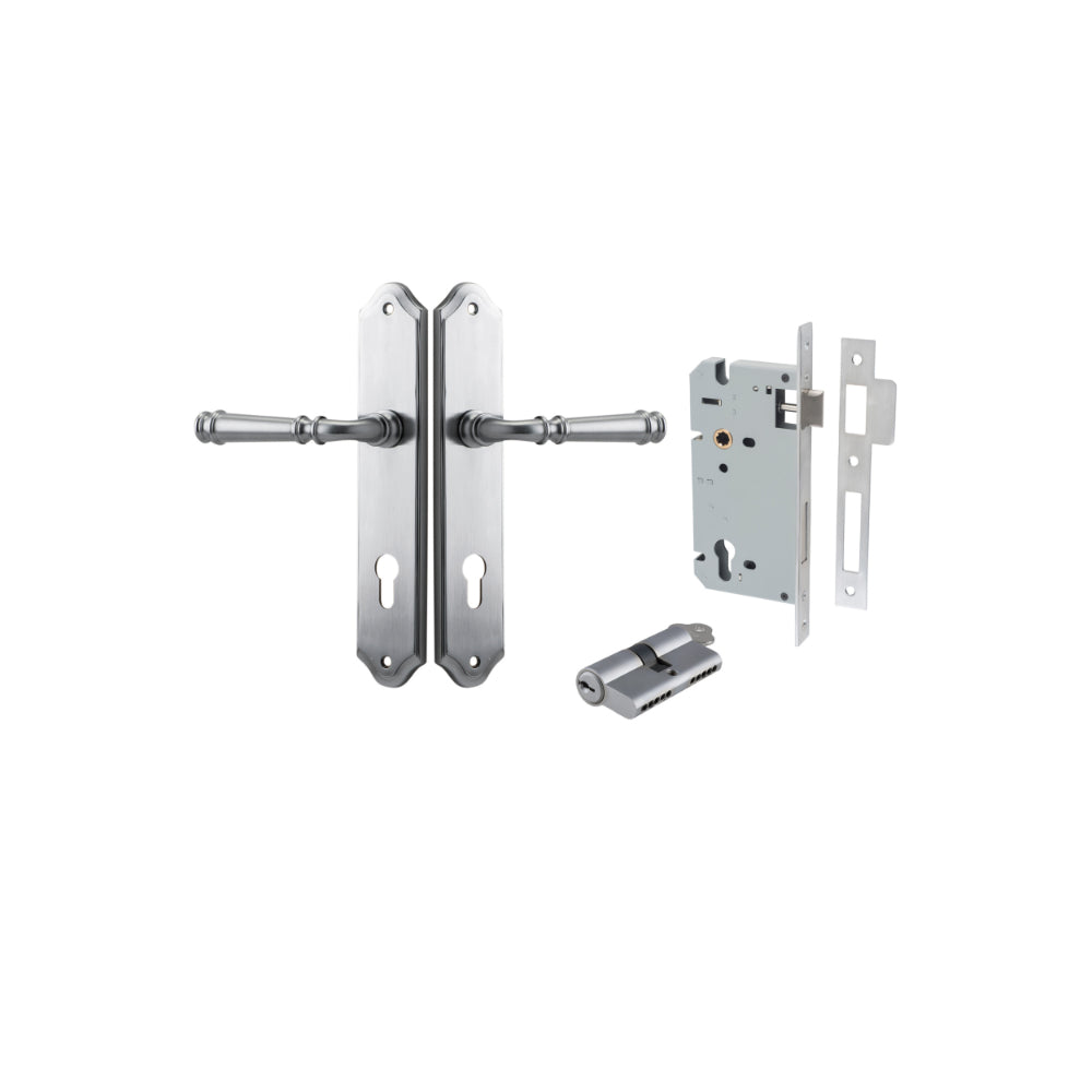 Door Lever Verona Shouldered Euro Brushed Chrome CTC85mm H240xW50xP59mm Entrance Kit Mortice Lock Euro Brushed Chrome CTC85mm Backset 60mm, Euro Cylinder Dual Function 5 Pin Brushed Chrome L65mm KA1 in Brushed Chrome
