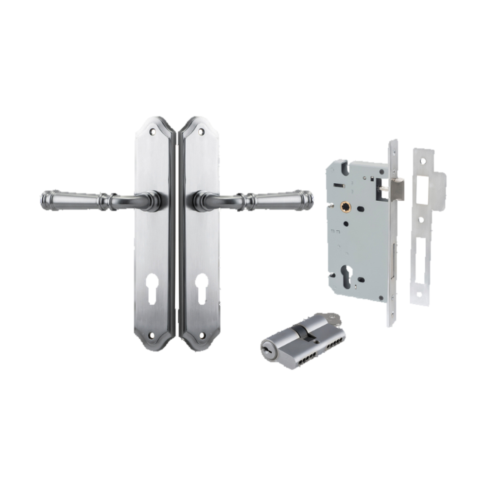 Door Lever Verona Shouldered Euro Brushed Chrome CTC85mm H240xW50xP59mm Entrance Kit Mortice Lock Euro Brushed Chrome CTC85mm Backset 60mm, Euro Cylinder Dual Function 5 Pin Brushed Chrome L65mm KA1 in Brushed Chrome