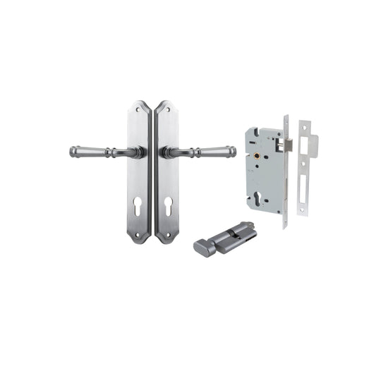 Door Lever Verona Shouldered Euro Brushed Chrome CTC85mm H240xW50xP59mm Entrance Kit Mortice Lock Euro Brushed Chrome CTC85mm Backset 60mm, Euro Cylinder Key Thumb 6 Pin Brushed Chrome L70mm KA1 in Brushed Chrome