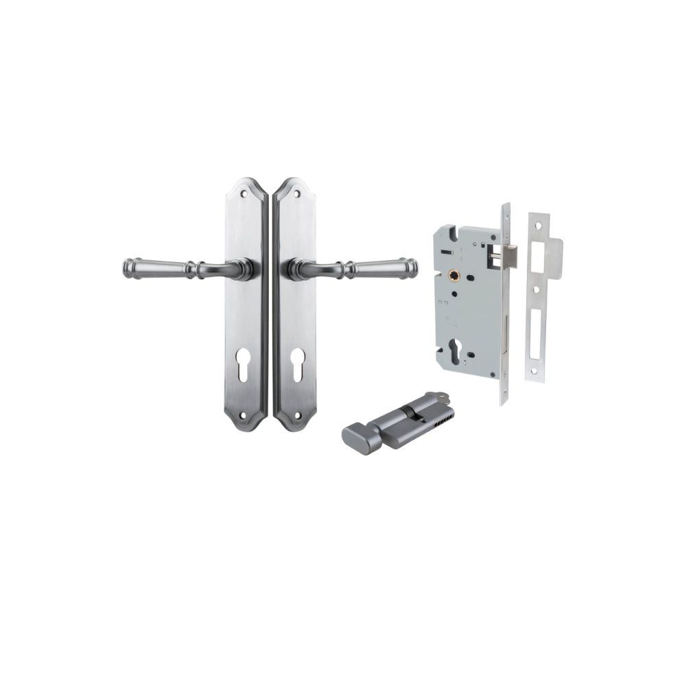 Door Lever Verona Shouldered Euro Brushed Chrome CTC85mm H240xW50xP59mm Entrance Kit Mortice Lock Euro Brushed Chrome CTC85mm Backset 60mm, Euro Cylinder Key Thumb 6 Pin Brushed Chrome L70mm KA1 in Brushed Chrome