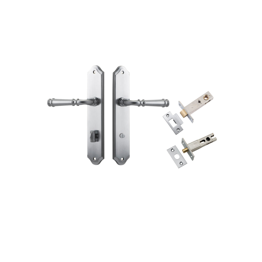 Door Lever Verona Shouldered Privacy Brushed Chrome CTC85mm H240xW50xP59mm Inbuilt Privacy Kit Tube Latch Split Cam 'T' Striker Brushed Chrome Backset 60mm, Privacy Bolt Round Bolt Brushed Chrome Backset 60mm in Brushed Chrome