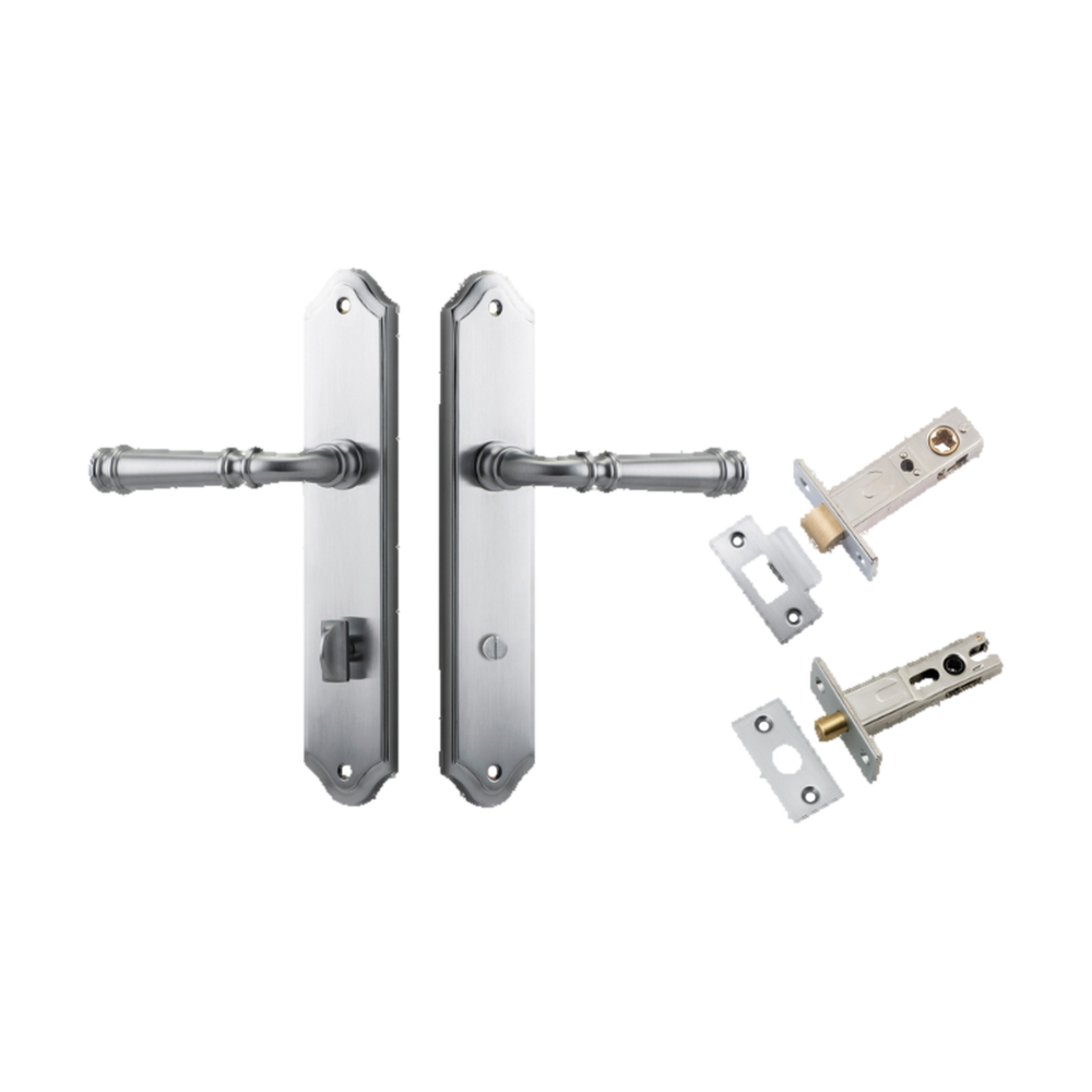 Door Lever Verona Shouldered Privacy Brushed Chrome CTC85mm H240xW50xP59mm Inbuilt Privacy Kit Tube Latch Split Cam 'T' Striker Brushed Chrome Backset 60mm, Privacy Bolt Round Bolt Brushed Chrome Backset 60mm in Brushed Chrome