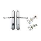 Door Lever Verona Shouldered Privacy Brushed Chrome CTC85mm H240xW50xP59mm Inbuilt Privacy Kit Tube Latch Split Cam 'T' Striker Brushed Chrome Backset 60mm, Privacy Bolt Round Bolt Brushed Chrome Backset 60mm in Brushed Chrome