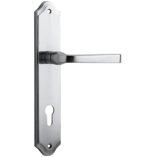 Pair of Iver Annecy lever on shouldered backplate door handles with a polished finish and modern design.