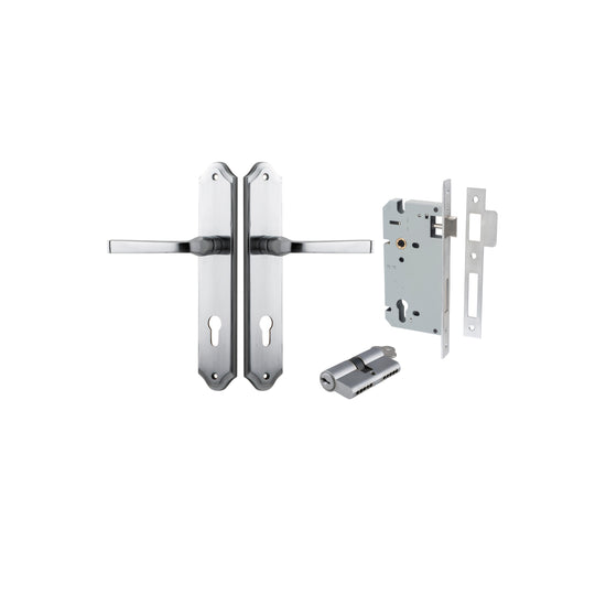 Door Lever Annecy Shouldered Euro Brushed Chrome CTC85mm H240xW50xP65mm Entrance Kit, Mortice Lock Euro Brushed Chrome CTC85mm Backset 60mm, Euro Cylinder Dual Function 5 Pin Brushed Chrome L65mm KA1 in Brushed Chrome