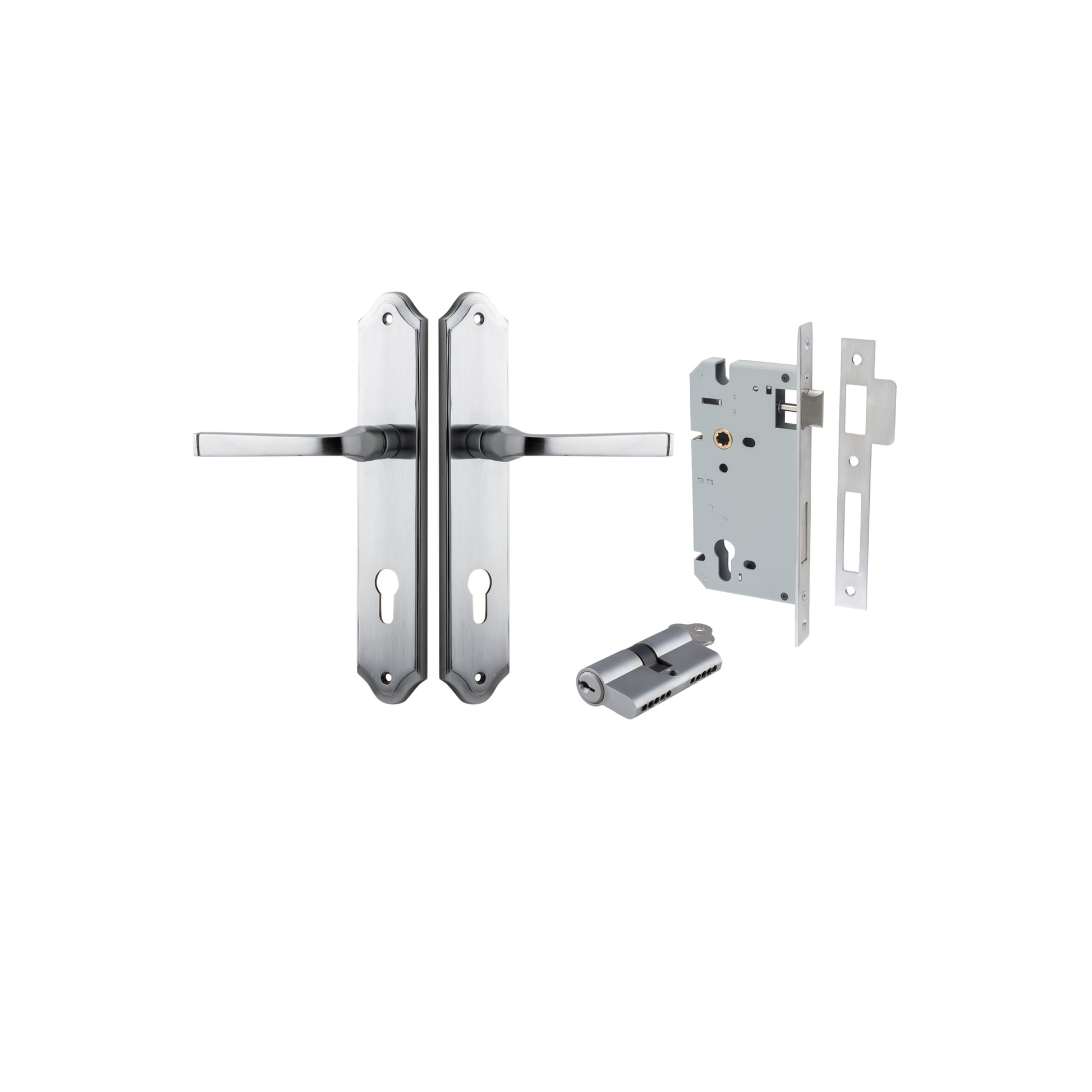 Door Lever Annecy Shouldered Euro Brushed Chrome CTC85mm H240xW50xP65mm Entrance Kit, Mortice Lock Euro Brushed Chrome CTC85mm Backset 60mm, Euro Cylinder Dual Function 5 Pin Brushed Chrome L65mm KA1 in Brushed Chrome