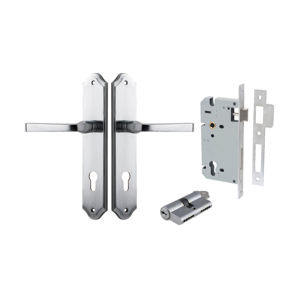 Door Lever Annecy Shouldered Euro Brushed Chrome CTC85mm H240xW50xP65mm Entrance Kit Mortice Lock Euro Brushed Chrome CTC85mm Backset 60mm, Euro Cylinder Dual Function 5 Pin Brushed Chrome L65mm KA1 in Brushed Chrome