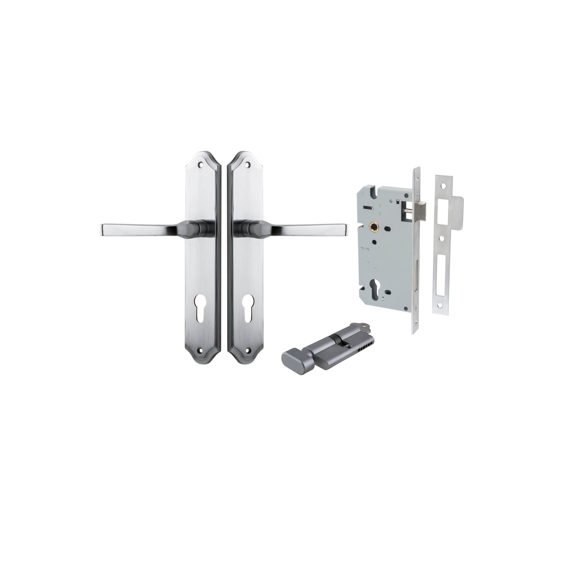 Door Lever Annecy Shouldered Euro Brushed Chrome CTC85mm H240xW50xP65mm Entrance Kit, Mortice Lock Euro Brushed Chrome CTC85mm Backset 60mm, Euro Cylinder Key Thumb 6 Pin Brushed Chrome L70mm KA1 in Brushed Chrome