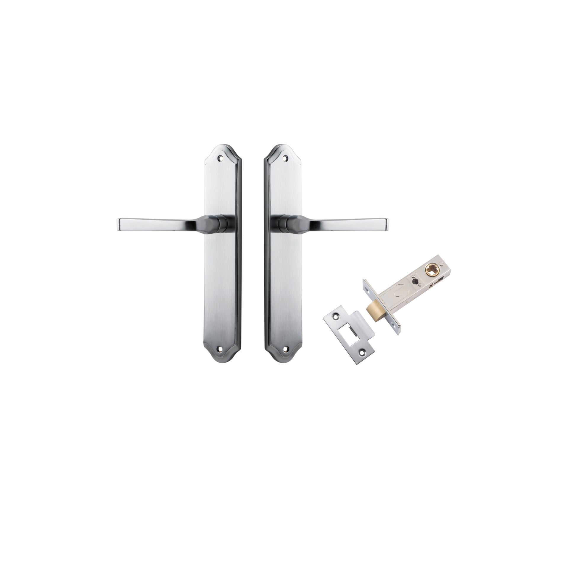 Door Lever Annecy Shouldered Latch Brushed Chrome H240xW50xP65mm Passage Kit, Tube Latch Split Cam 'T' Striker Brushed Chrome Backset 60mm in Brushed Chrome