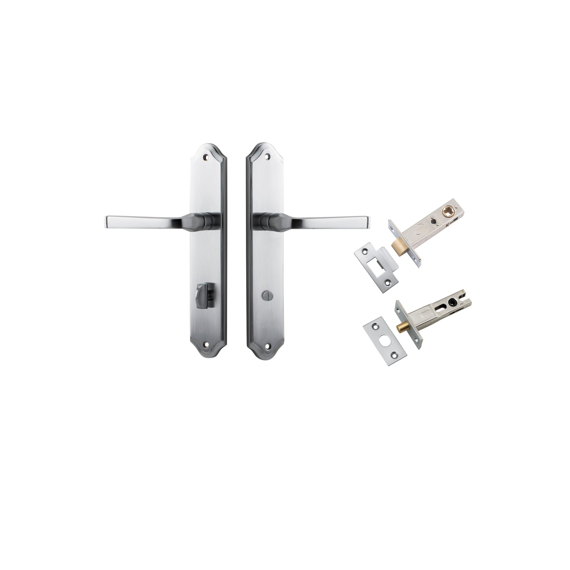Door Lever Annecy Shouldered Privacy Brushed Chrome CTC85mm H240xW50xP65mm Inbuilt Privacy Kit, Tube Latch Split Cam 'T' Striker Brushed Chrome Backset 60mm, Privacy Bolt Round Bolt Brushed Chrome Backset 60mm in Brushed Chrome
