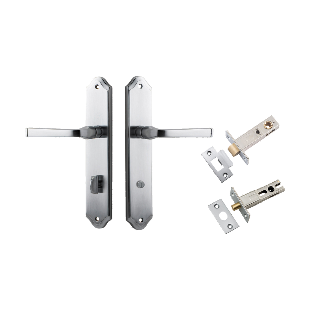 Door Lever Annecy Shouldered Privacy Brushed Chrome CTC85mm H240xW50xP65mm Inbuilt Privacy Kit Tube Latch Split Cam 'T' Striker Brushed Chrome Backset 60mm, Privacy Bolt Round Bolt Brushed Chrome Backset 60mm in Brushed Chrome