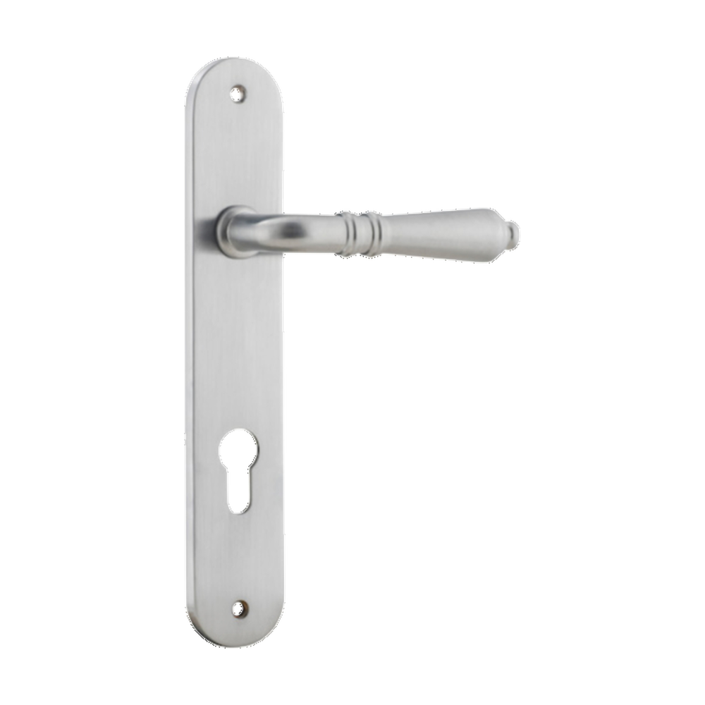 Door Lever Sarlat Oval Euro Brushed Chrome CTC85mm H230xW40xP55mm in Brushed Chrome