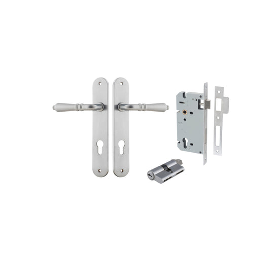Door Lever Sarlat Oval Euro Brushed Chrome CTC85mm H240xW40xP55mm Entrance Kit Mortice Lock Euro Brushed Chrome CTC85mm Backset 60mm, Euro Cylinder Dual Function 5 Pin Brushed Chrome L65mm KA1 in Brushed Chrome