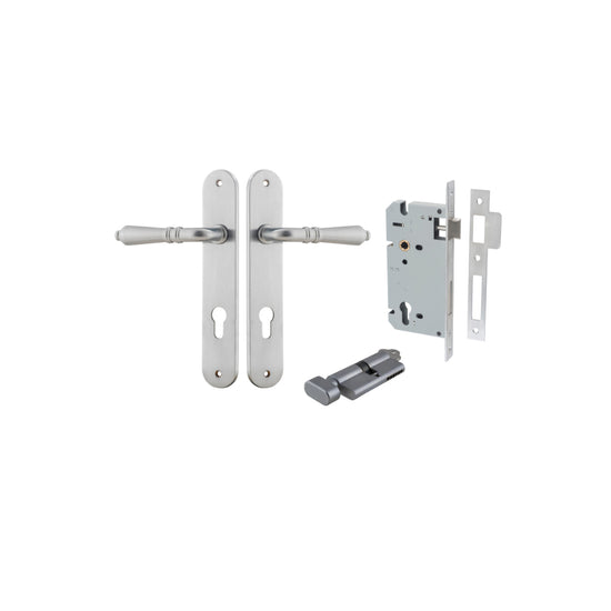 Door Lever Sarlat Oval Euro Brushed Chrome CTC85mm H240xW40xP55mm Entrance Kit Mortice Lock Euro Brushed Chrome CTC85mm Backset 60mm, Euro Cylinder Key Thumb 6 Pin Brushed Chrome L70mm KA1 in Brushed Chrome