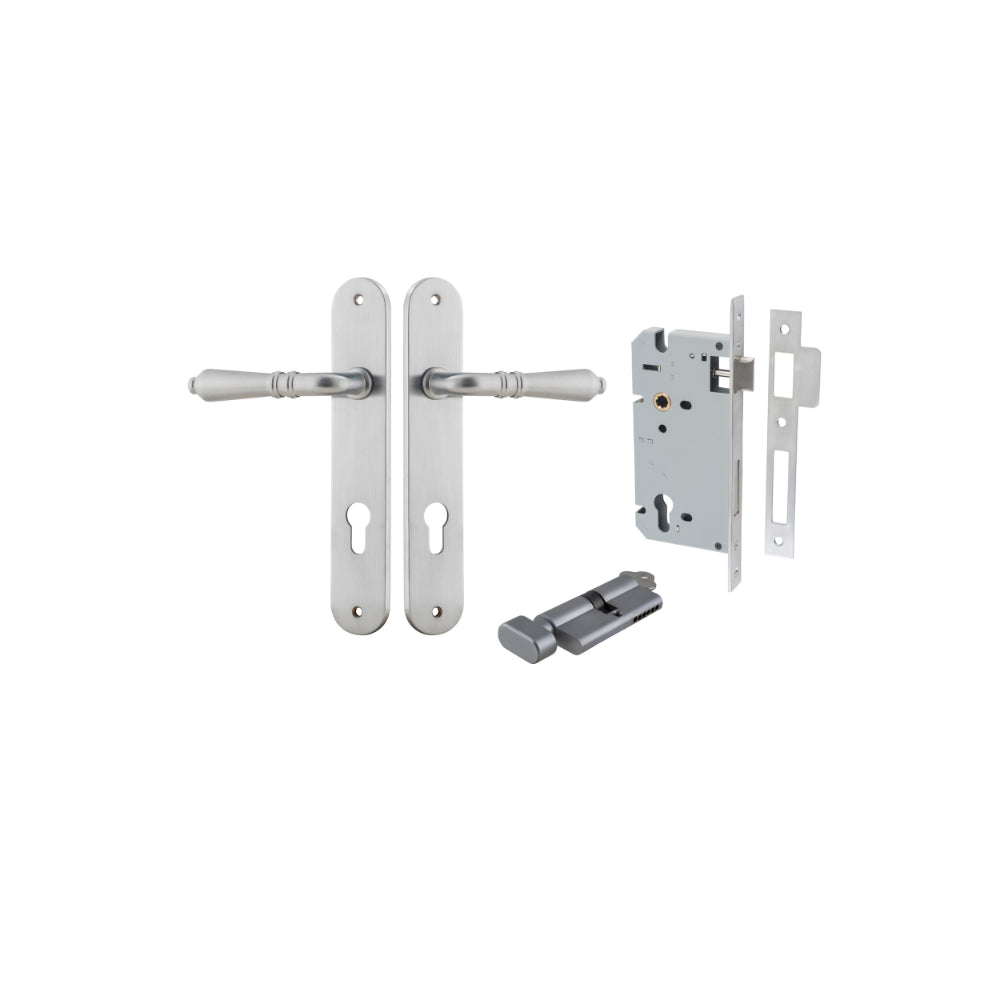 Door Lever Sarlat Oval Euro Brushed Chrome CTC85mm H240xW40xP55mm Entrance Kit Mortice Lock Euro Brushed Chrome CTC85mm Backset 60mm, Euro Cylinder Key Thumb 6 Pin Brushed Chrome L70mm KA1 in Brushed Chrome