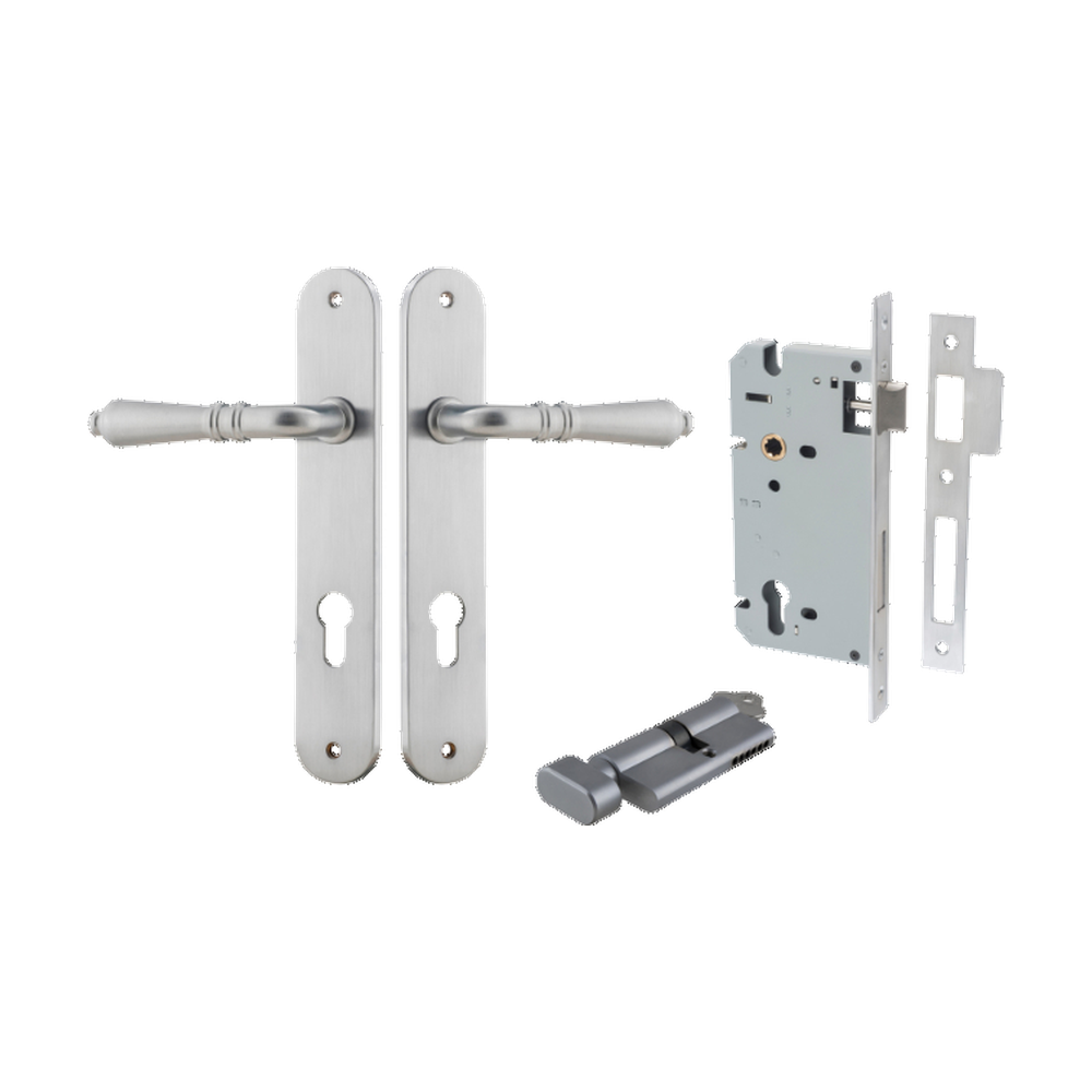 Door Lever Sarlat Oval Euro Brushed Chrome CTC85mm H240xW40xP55mm Entrance Kit Mortice Lock Euro Brushed Chrome CTC85mm Backset 60mm, Euro Cylinder Key Thumb 6 Pin Brushed Chrome L70mm KA1 in Brushed Chrome