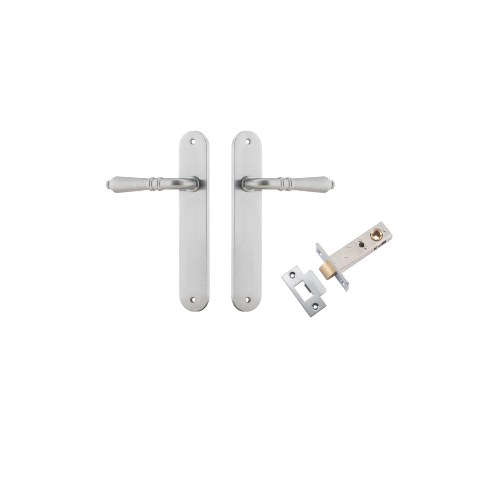Pair of Iver Sarlat lever handles with oval backplates, featuring a sleek, modern design on a polished metal finish.