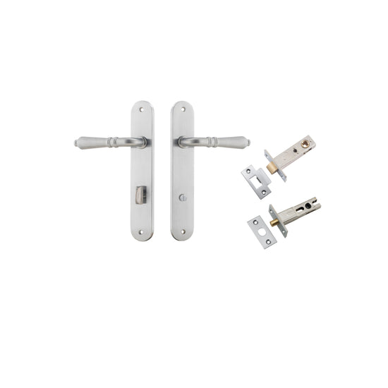 Door Lever Sarlat Oval Privacy Brushed Chrome CTC85mm H240xW40xP55mm Privacy Kit Tube Latch Split Cam 'T' Striker Brushed Chrome Backset 60mm, Privacy Bolt Round Bolt Brushed Chrome Backset 60mm in Brushed Chrome