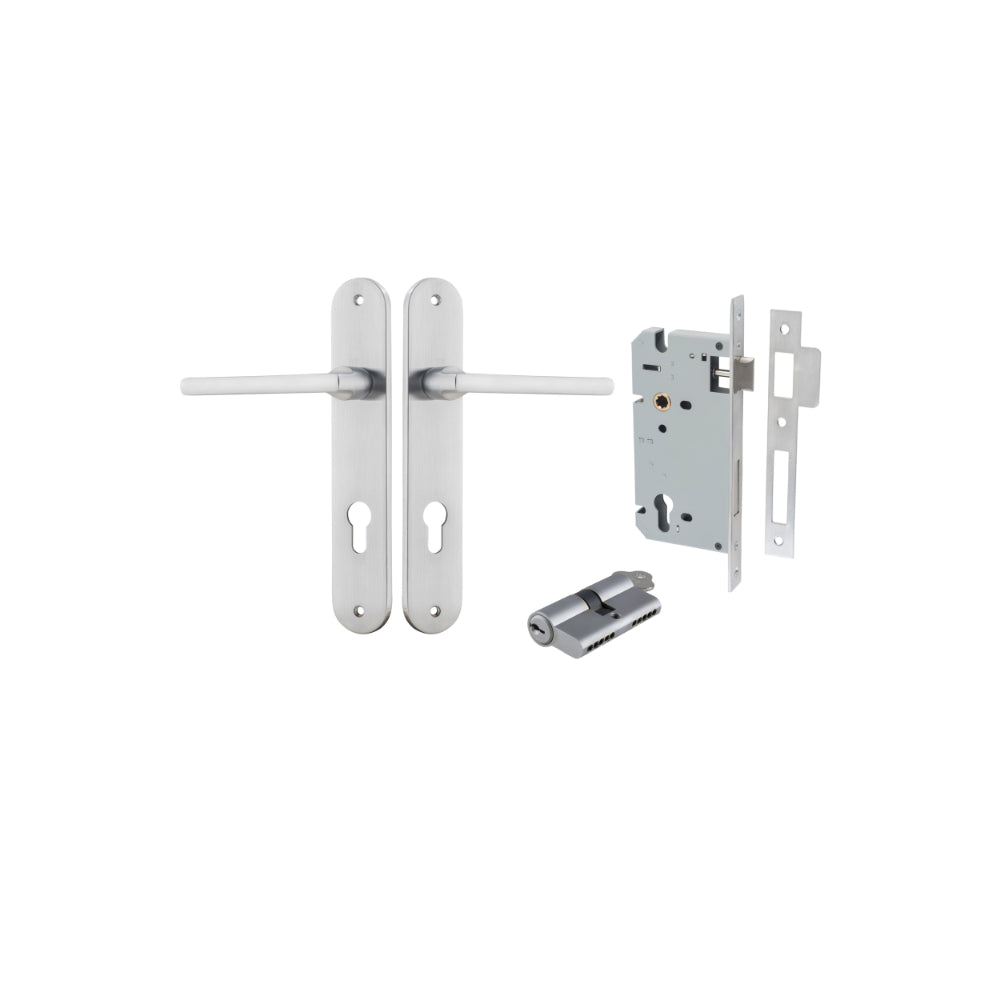 Pair of Iver Baltimore lever door handles on oval backplates, featuring a sleek, modern design in a polished finish.