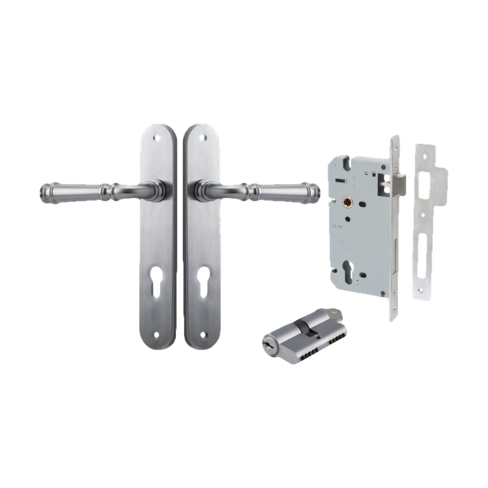 Door Lever Verona Oval Euro Brushed Chrome CTC85mm H240xW40xP59mm Entrance Kit Mortice Lock Euro Brushed Chrome CTC85mm Backset 60mm, Euro Cylinder Dual Function 5 Pin Brushed Chrome L65mm KA1 in Brushed Chrome