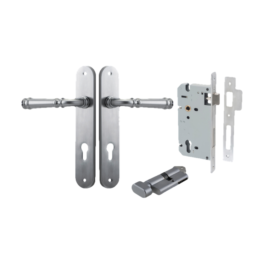 Door Lever Verona Oval Euro Brushed Chrome CTC85mm H240xW40xP59mm Entrance Kit Mortice Lock Euro Brushed Chrome CTC85mm Backset 60mm, Euro Cylinder Key Thumb 6 Pin Brushed Chrome L70mm KA1 in Brushed Chrome