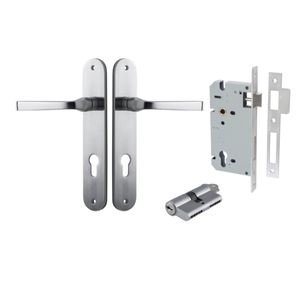 Door Lever Annecy Oval Euro Brushed Chrome CTC85mm H240xW40xP62mm Entrance Kit, Mortice Lock Euro Brushed Chrome CTC85mm Backset 60mm, Euro Cylinder Dual Function 5 Pin Brushed Chrome L65mm KA1 in Brushed Chrome