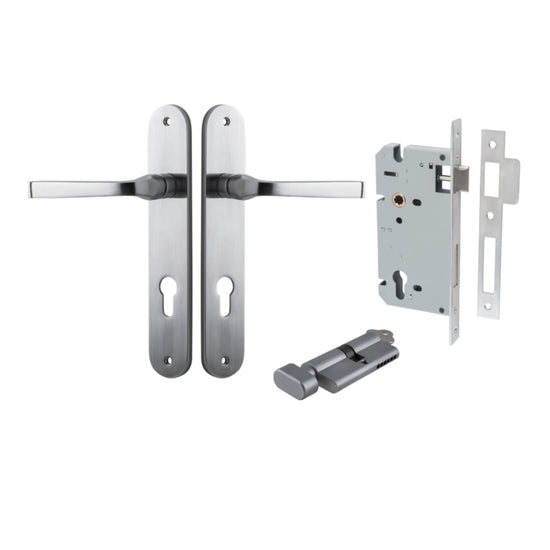 Door Lever Annecy Oval Euro Brushed Chrome CTC85mm H240xW40xP62mm Entrance Kit, Mortice Lock Euro Brushed Chrome CTC85mm Backset 60mm, Euro Cylinder Key Thumb 6 Pin Brushed Chrome L70mm KA1 in Brushed Chrome