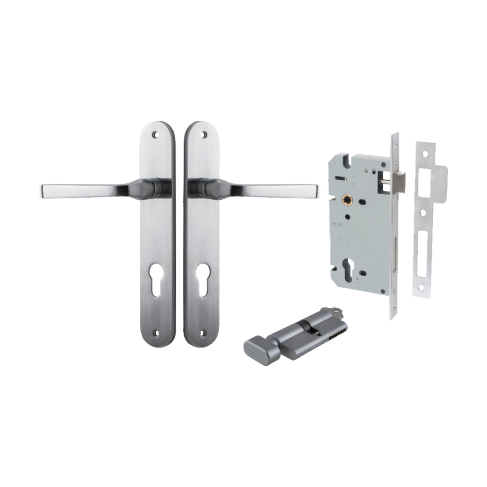 Door Lever Annecy Oval Euro Brushed Chrome CTC85mm H240xW40xP62mm Entrance Kit Mortice Lock Euro Brushed Chrome CTC85mm Backset 60mm, Euro Cylinder Key Thumb 6 Pin Brushed Chrome L70mm KA1 in Brushed Chrome