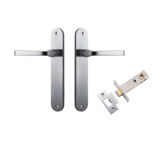 Door Lever Annecy Oval Latch Brushed Chrome H240xW40xP62mm Passage Kit, Tube Latch Split Cam 'T' Striker Brushed Chrome Backset 60mm in Brushed Chrome