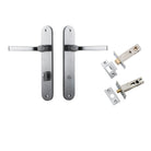 Pair of Iver Annecy lever door handles with oval backplates, featuring a sleek satin finish and modern design.