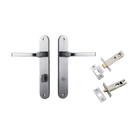 Door Lever Annecy Oval Privacy Brushed Chrome CTC85mm H240xW40xP62mm Inbuilt Privacy Kit Tube Latch Split Cam 'T' Striker Brushed Chrome Backset 60mm, Privacy Bolt Round Bolt Brushed Chrome Backset 60mm in Brushed Chrome
