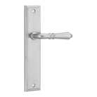 Pair of Iver Sarlat lever handles on stepped backplates, showcasing elegant door hardware with a polished finish.