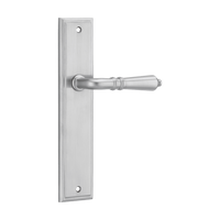 Pair of Iver Sarlat lever handles on stepped backplates, showcasing elegant door hardware with a polished finish.