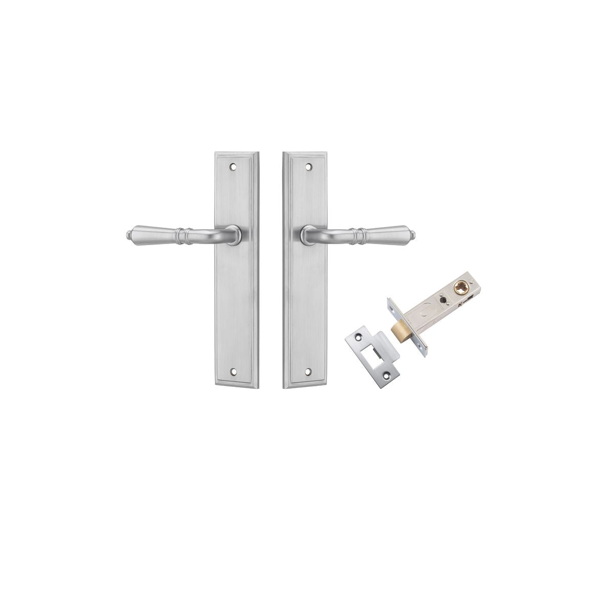 Pair of Iver Sarlat lever handles with stepped backplates, featuring sleek black finish and modern design for door hardware.