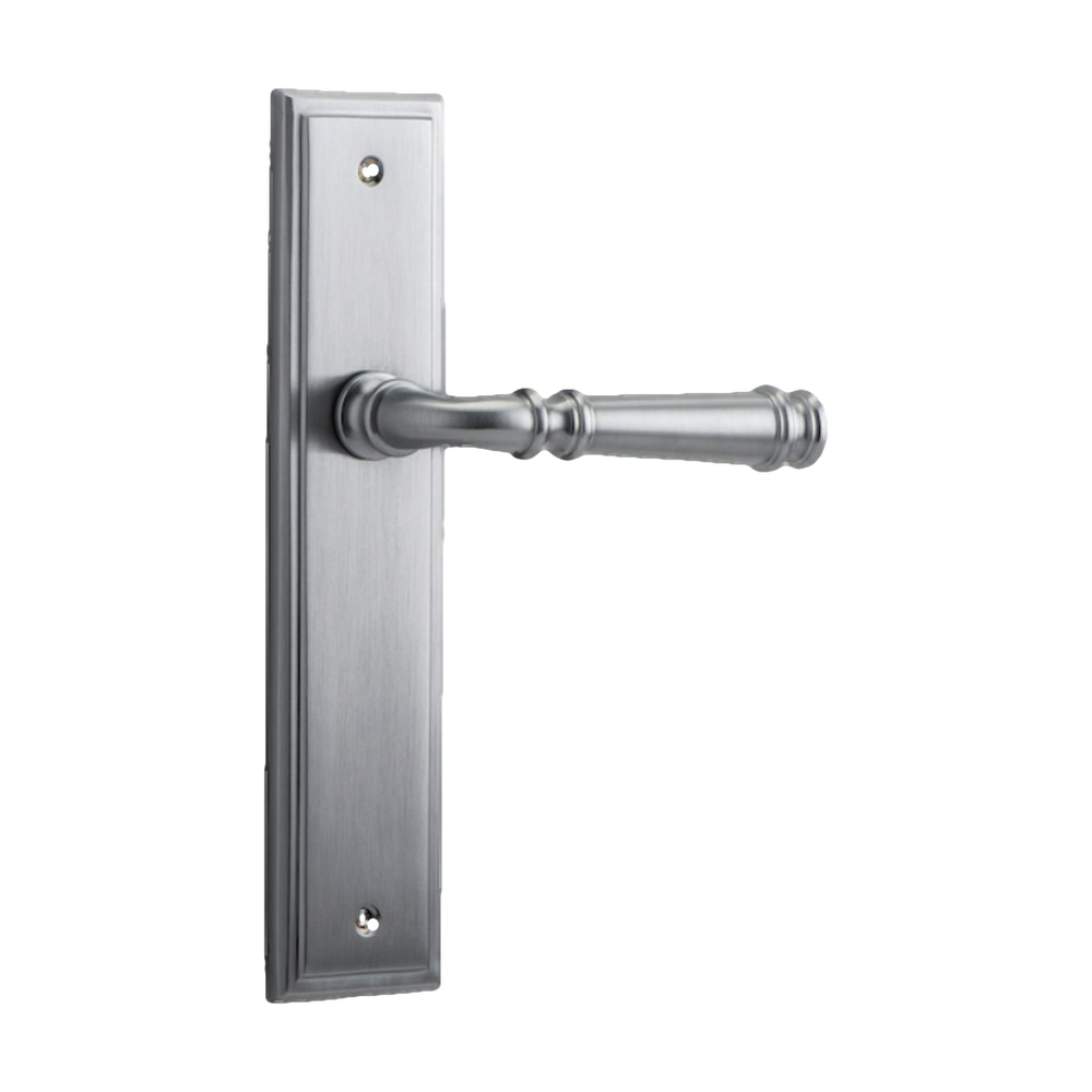 Door Lever Verona Stepped Latch Brushed Chrome H237xW50xP59mm in Brushed Chrome