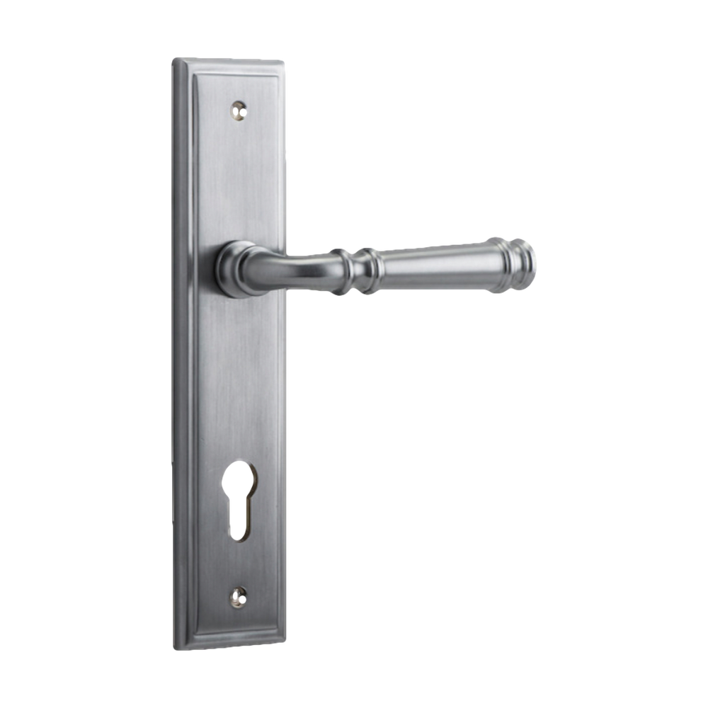 Door Lever Verona Stepped Euro Brushed Chrome CTC85mm H237xW50xP59mm in Brushed Chrome