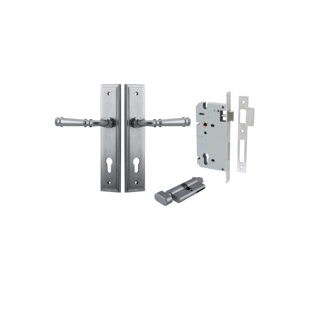 Door Lever Verona Stepped Euro Brushed Chrome CTC85mm H240xW50xP59mm Entrance Kit Mortice Lock Euro Brushed Chrome CTC85mm Backset 60mm, Euro Cylinder Key Thumb 6 Pin Brushed Chrome L70mm KA1 in Brushed Chrome