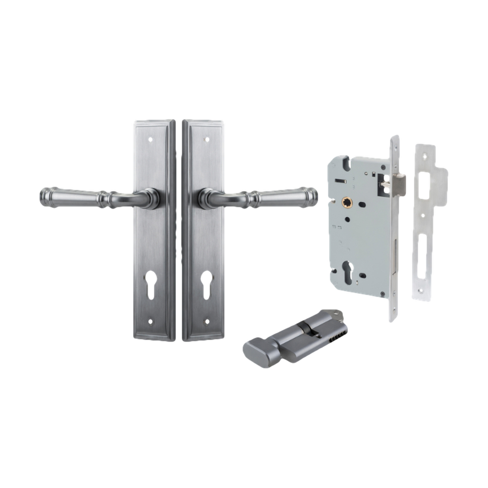 Door Lever Verona Stepped Euro Brushed Chrome CTC85mm H240xW50xP59mm Entrance Kit Mortice Lock Euro Brushed Chrome CTC85mm Backset 60mm, Euro Cylinder Key Thumb 6 Pin Brushed Chrome L70mm KA1 in Brushed Chrome