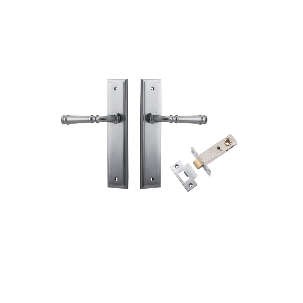 Door Lever Verona Stepped Latch Brushed Chrome H240xW50xP59mm Passage Kit Tube Latch Split Cam 'T' Striker Brushed Chrome Backset 60mm in Brushed Chrome