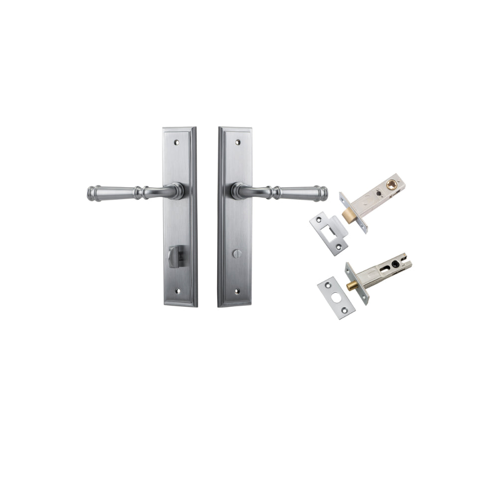 Door Lever Verona Stepped Privacy Brushed Chrome CTC85mm H240xW50xP59mm Inbuilt Privacy Kit Tube Latch Split Cam 'T' Striker Brushed Chrome Backset 60mm, Privacy Bolt Round Bolt Brushed Chrome Backset 60mm in Brushed Chrome
